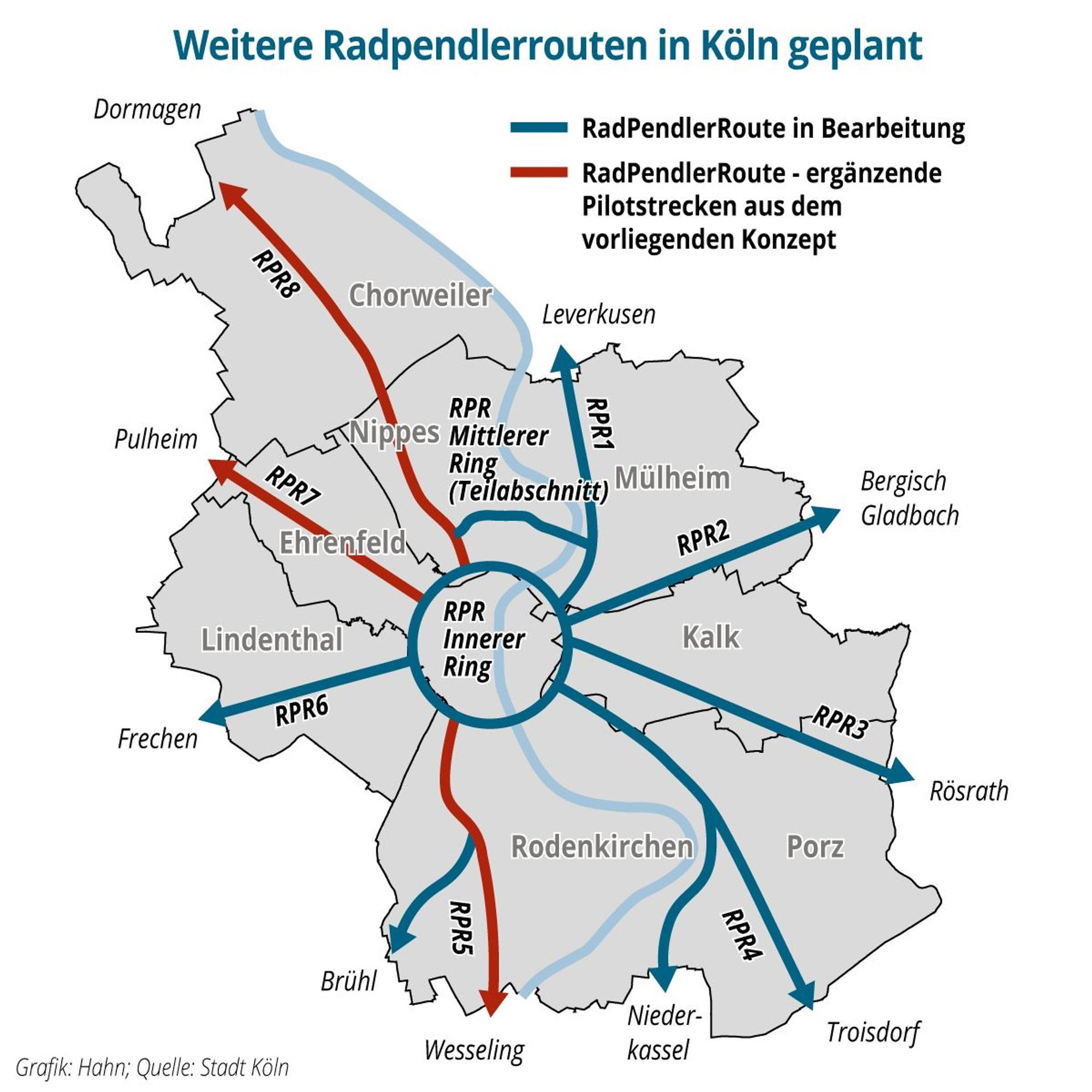 Die Grafik zeigt die geplanten Radpendelrouten in und um Köln.