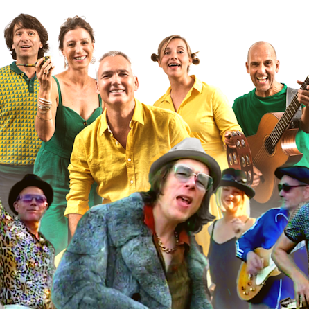 Die Bands Amago und Vrings 5 gemeinsam auf einer Bildcollage.