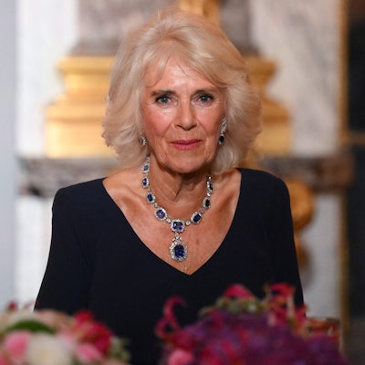 Die britische Königin Camilla am 20. September 2023, dem ersten Tag des Staatsbesuchs der britischen Königsfamilie in Frankreich, bei einem Staatsbankett im Schloss von Versailles
