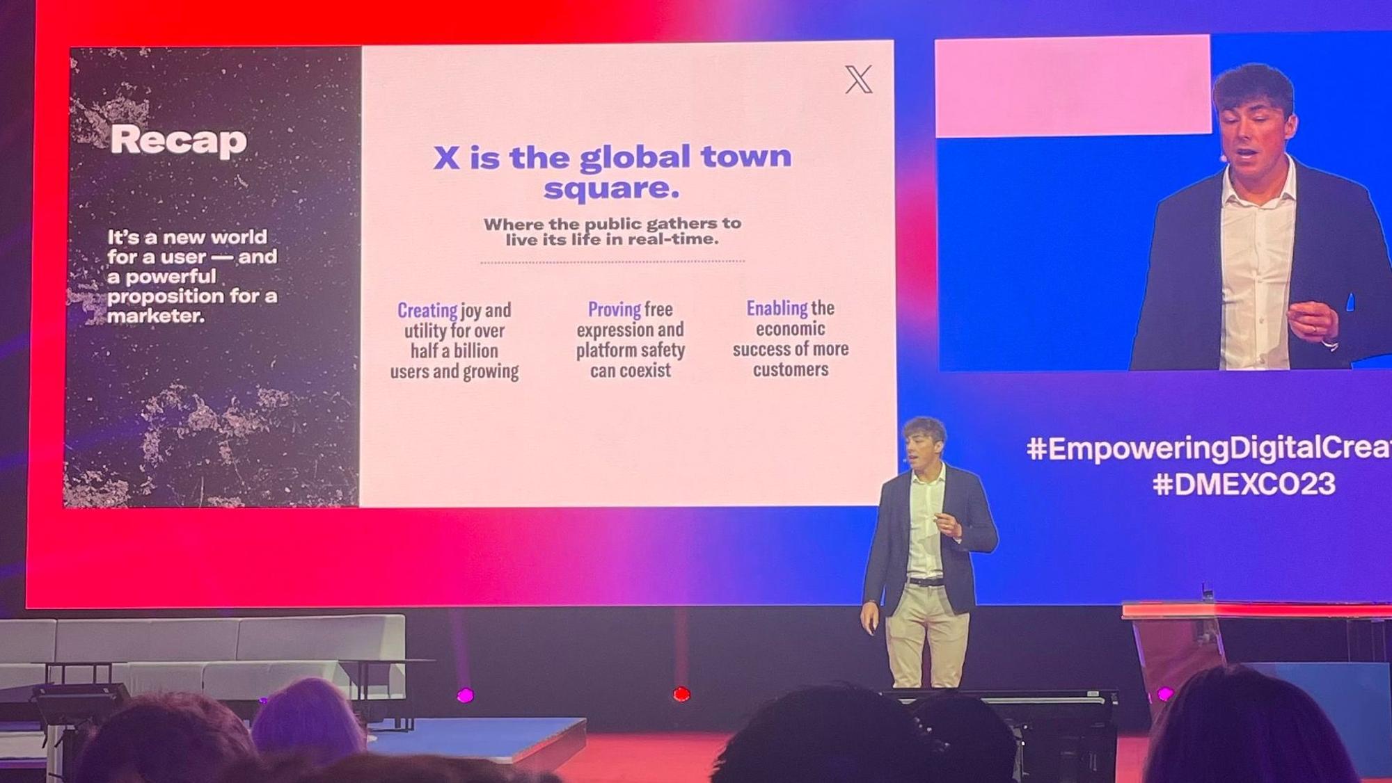 Gregory Owens, Manager von X (vormals Twitter) in Europa spricht am 21.09.2023 auf der Digitalmarketing-Messe Dmexco in Köln über die Zukunft von X
