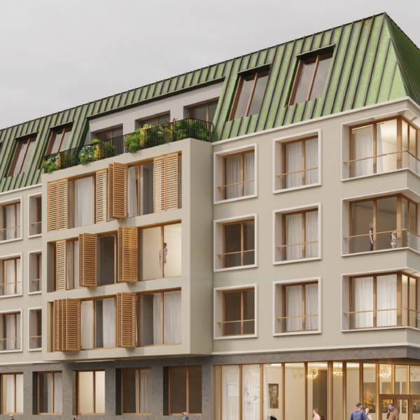 Eine Visualisierung zeigt ein überwiegend in Brauntönen gehaltenes Gebäude.