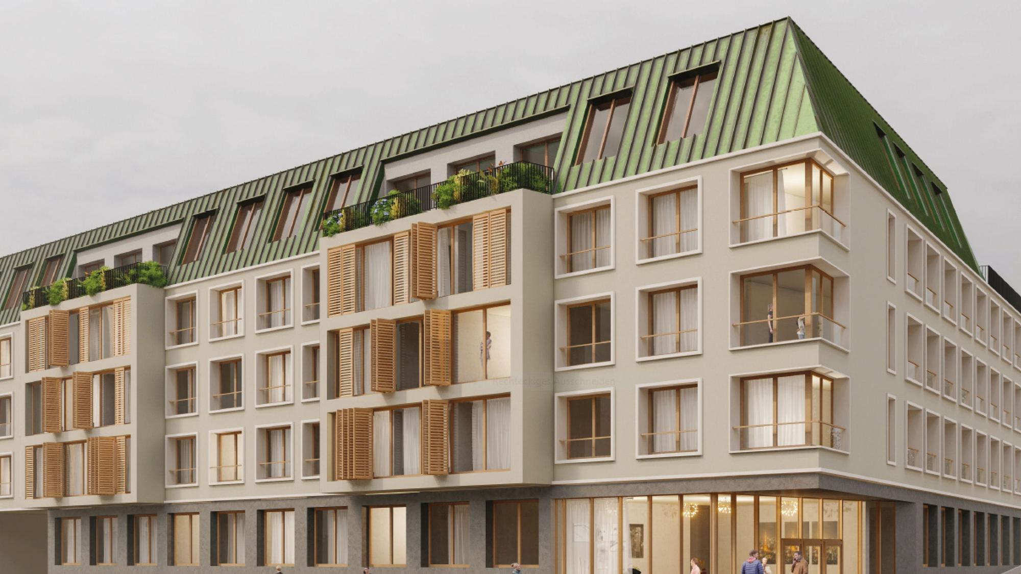 Eine Visualisierung zeigt ein überwiegend in Brauntönen gehaltenes Gebäude.
