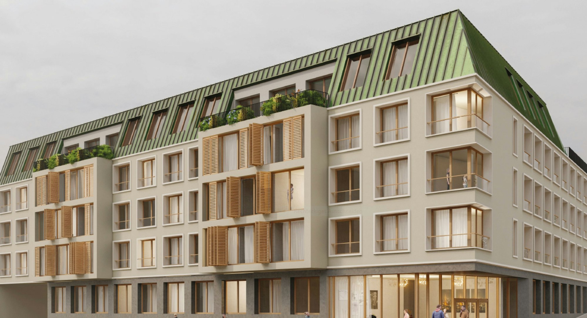 Eine Visualisierung zeigt ein überwiegend in Brauntönen gehaltenes Gebäude.