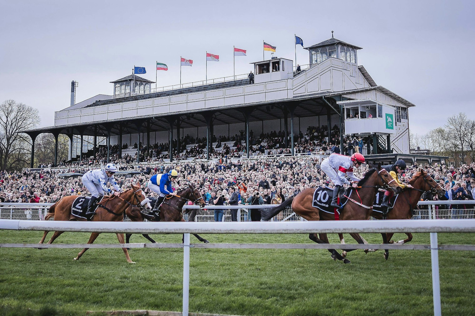 Zuschauer beim FC-Renntag verfolgen das Geschehen auf der Galopprennbahn in Köln-Weidenpesch.