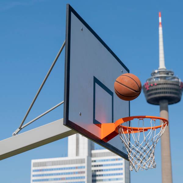 Ein Basketballnetz im Grüngürtel, im Hintergrund der Colonius