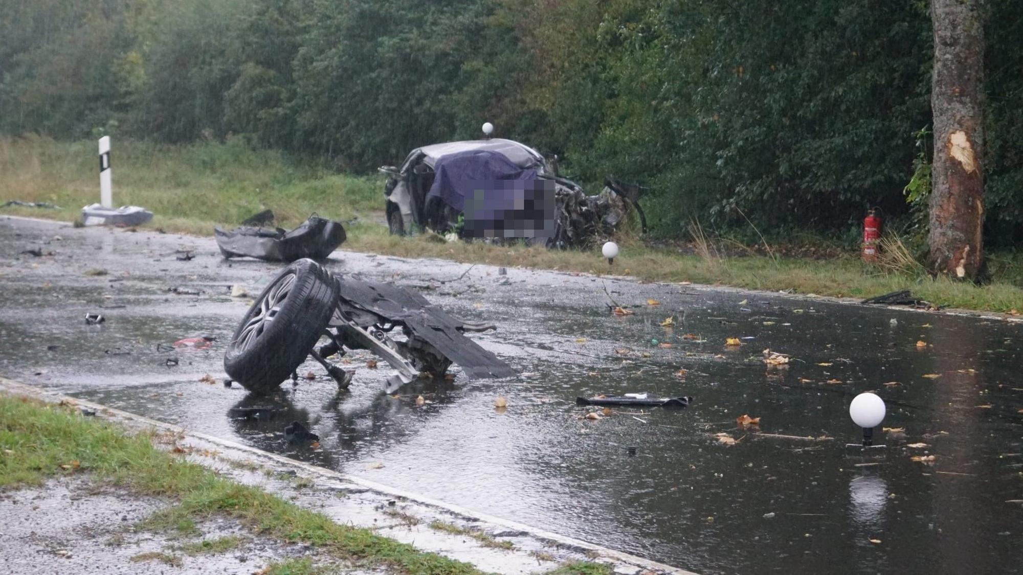 Das Foto zeigt die Unfallstelle mit dem zerstörten Wagen und dem Baum, auf den das Auto geprallt ist. Auf der Fahrbahn liegen abgerissene Fahrzeugteile.