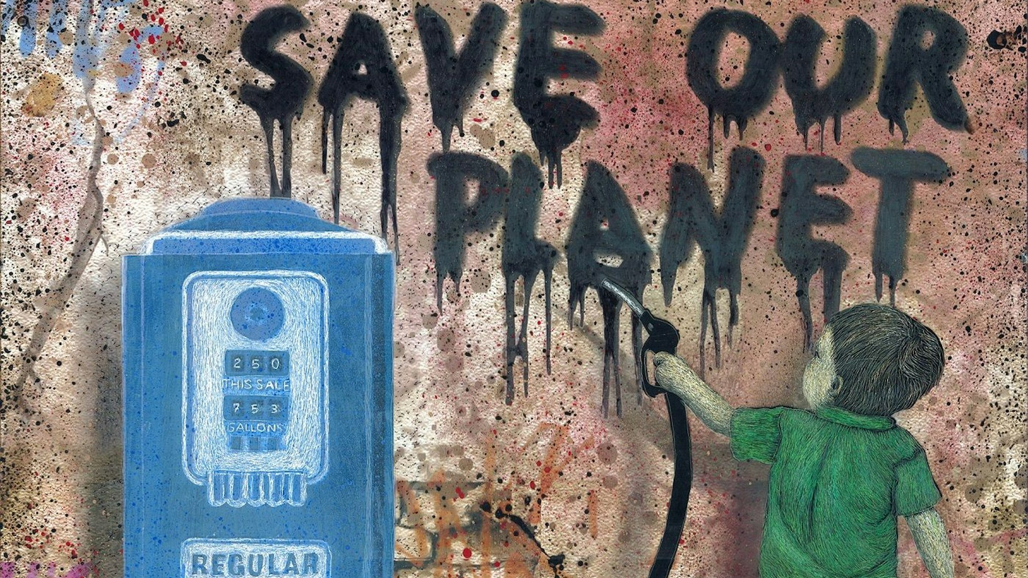 Ein Kind schreibt mit der Zapfpistole einer Tankstelle den Schriftzug „Save our Planet“ auf eine Mauer. Das Ganze ist das Bild des Künstlers Peter Mück.