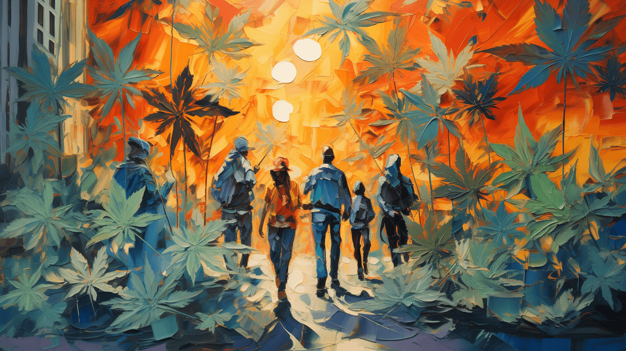 Illustration: Menschen gehen durch einen Wald von Cannabis.Blättern