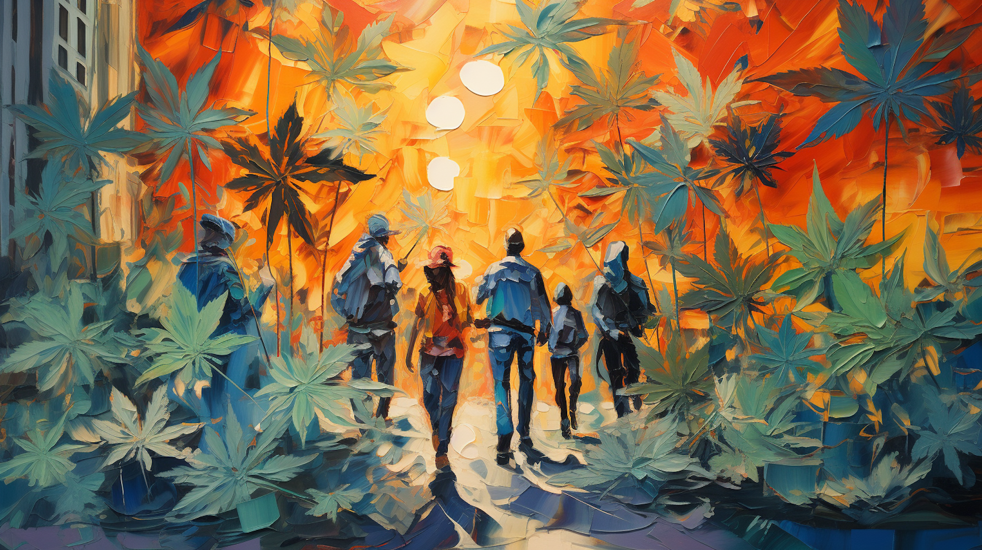 Illustration: Menschen gehen durch einen Wald von Cannabis.Blättern