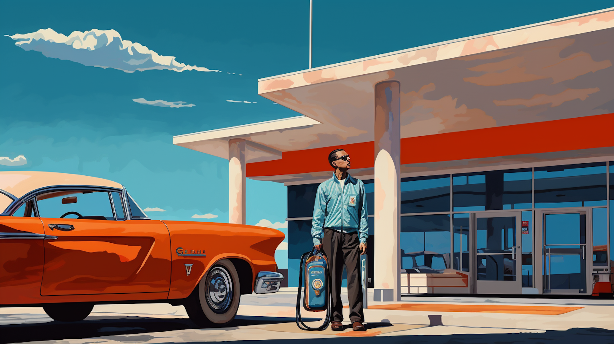 Illustration:  Ein Tankstellenwart steht an einer Zapfsäule