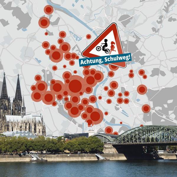 Eine Collage zeigt einen Stadtplan Kölns mit eingezeichneten Brennpunkten, das Logo der Aktion „Achtung, Schulweg“ sowie das Stadtpanorama Kölns mit Kölner Dom und Hohenzollernbrücke.