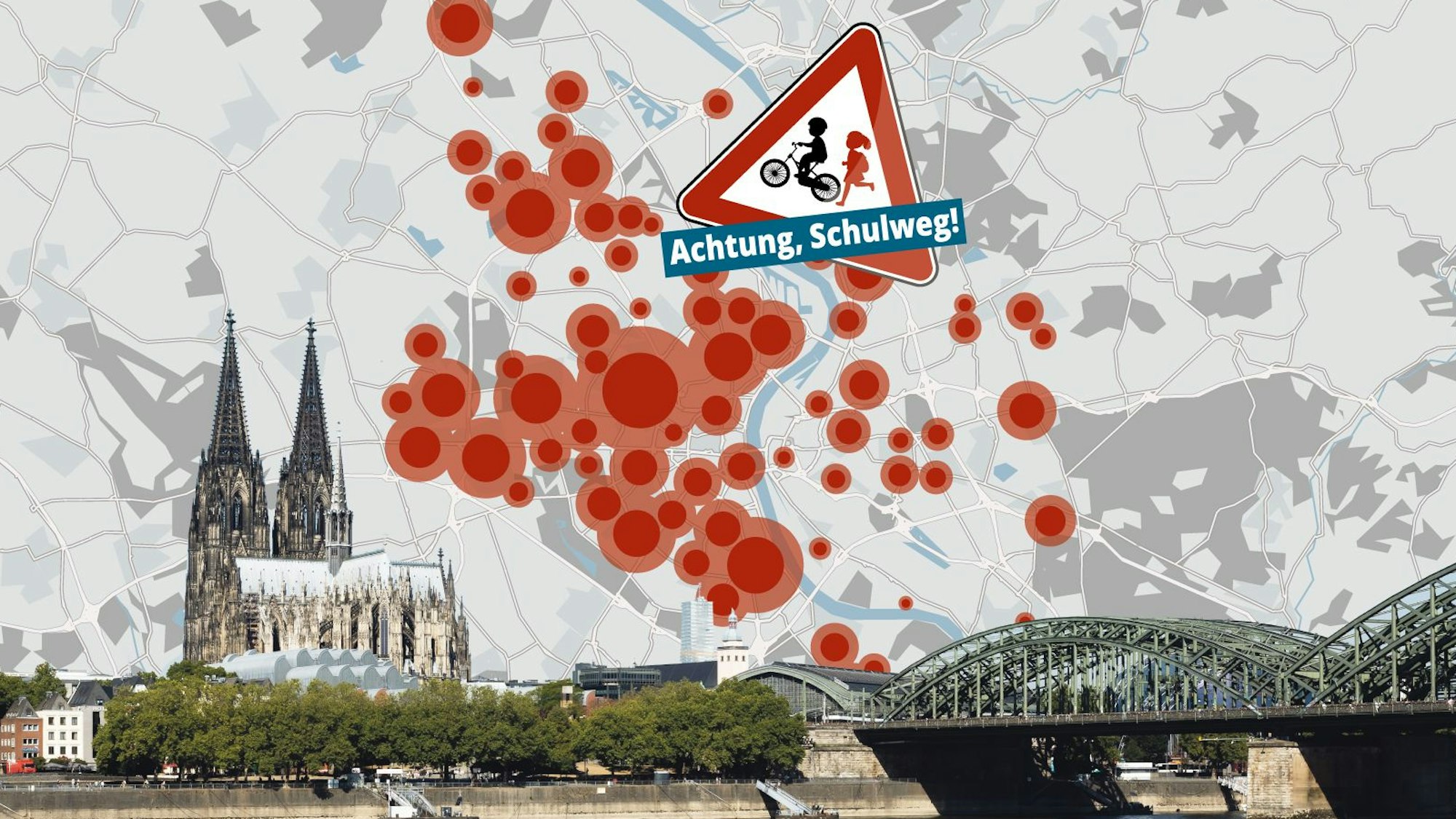 Eine Karte symbolisiert von Leserinnen und Lesern identifizierte gefährliche Situationen an Schulwegen.