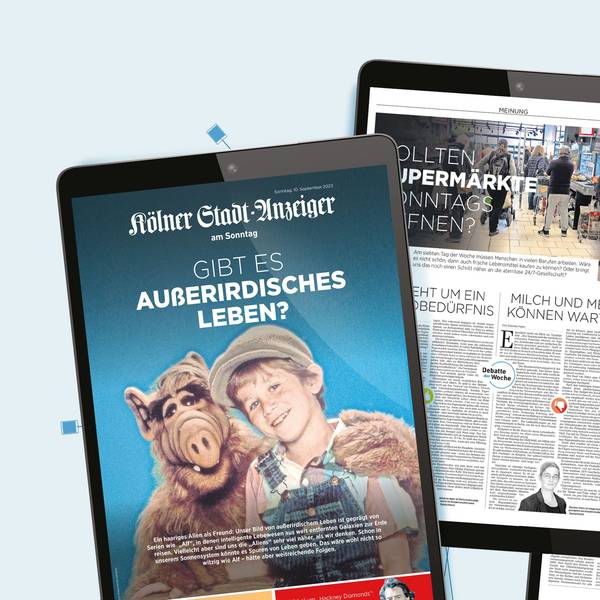 Screenshots auf mehreren iPads zeigen, wie das Sonntags-E-Paper des Kölner Stadt-Anzeiger aussieht. Eine Titelseite zeigt den Serienstar Alf und dazu die Überschrift „Gibt es außerirdisches Leben?“