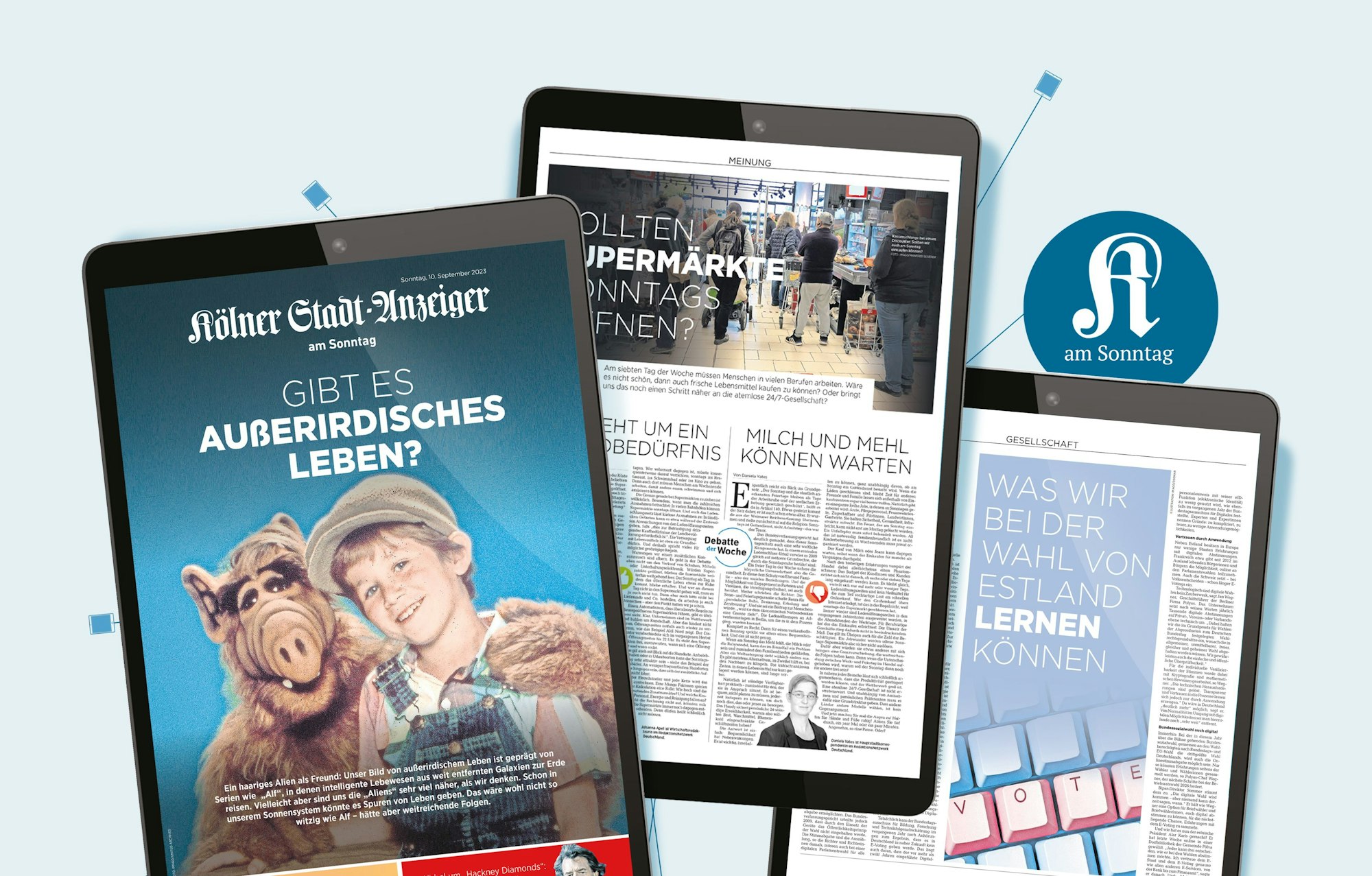 Screenshots auf mehreren iPads zeigen, wie das Sonntags-E-Paper des Kölner Stadt-Anzeiger aussieht. Eine Titelseite zeigt den Serienstar Alf und dazu die Überschrift „Gibt es außerirdisches Leben?“
