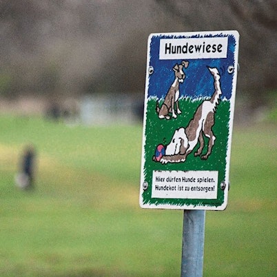 Schild auf einer Hundewiese mit Karikatur