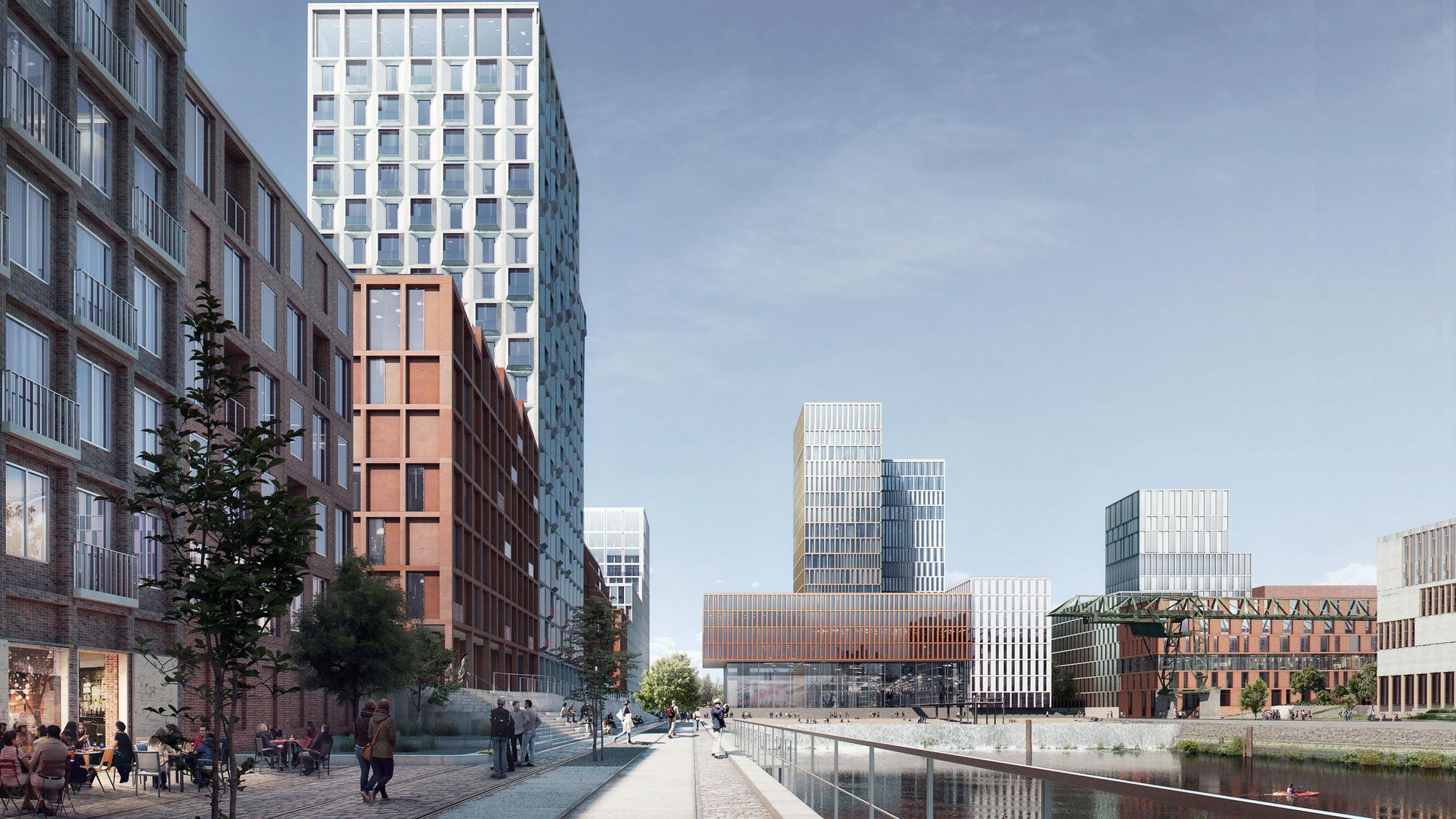 Vision des südlichen Hafenbeckens aus der Machbarkeitsstudie. Die Architektur steht noch nicht fest. Käufer der Flächen verpflichten sich aber zu Architekturwettbewerben.