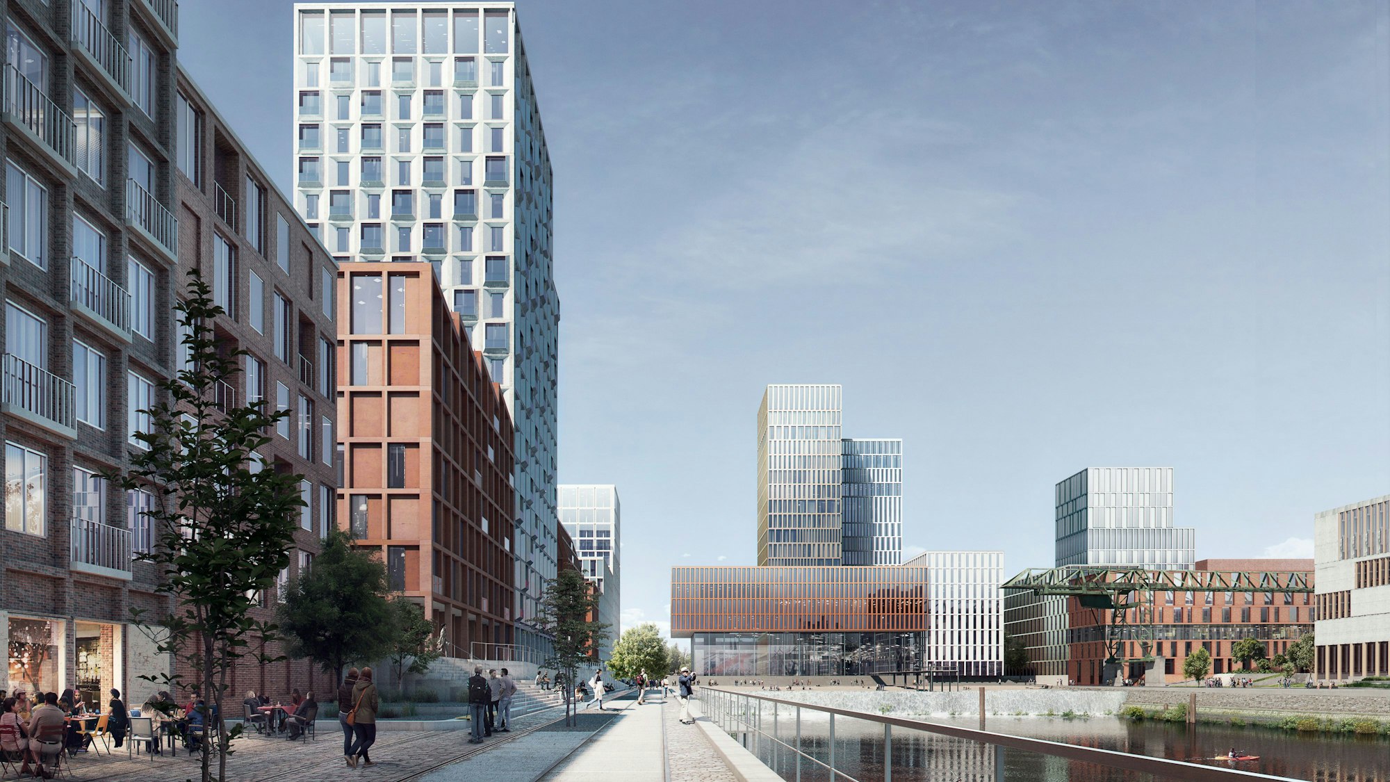 Vision des südlichen Hafenbeckens aus der Machbarkeitsstudie. Die Architektur steht noch nicht fest. Käufer der Flächen verpflichten sich aber zu Architekturwettbewerben.