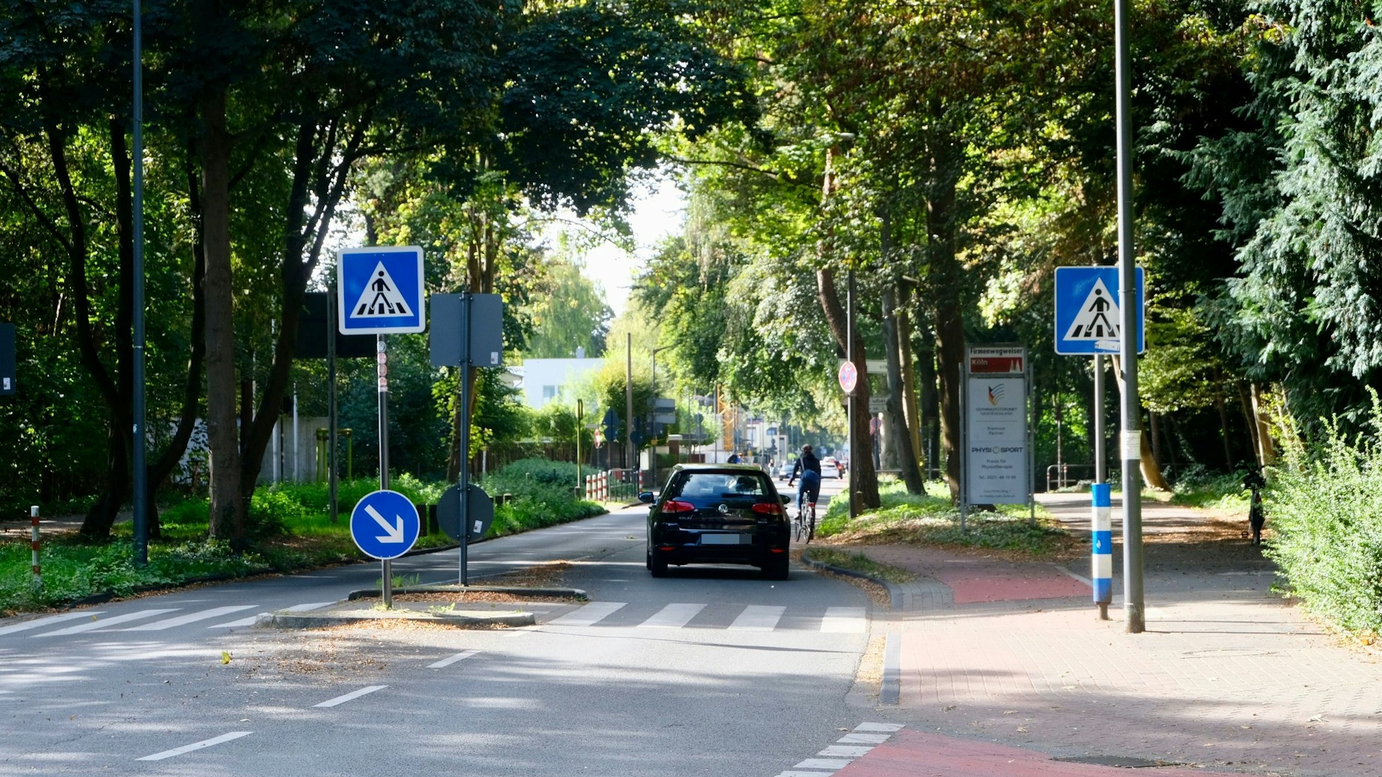 Eine Straße wird von einem Auto und einem Fahrrad befahren.