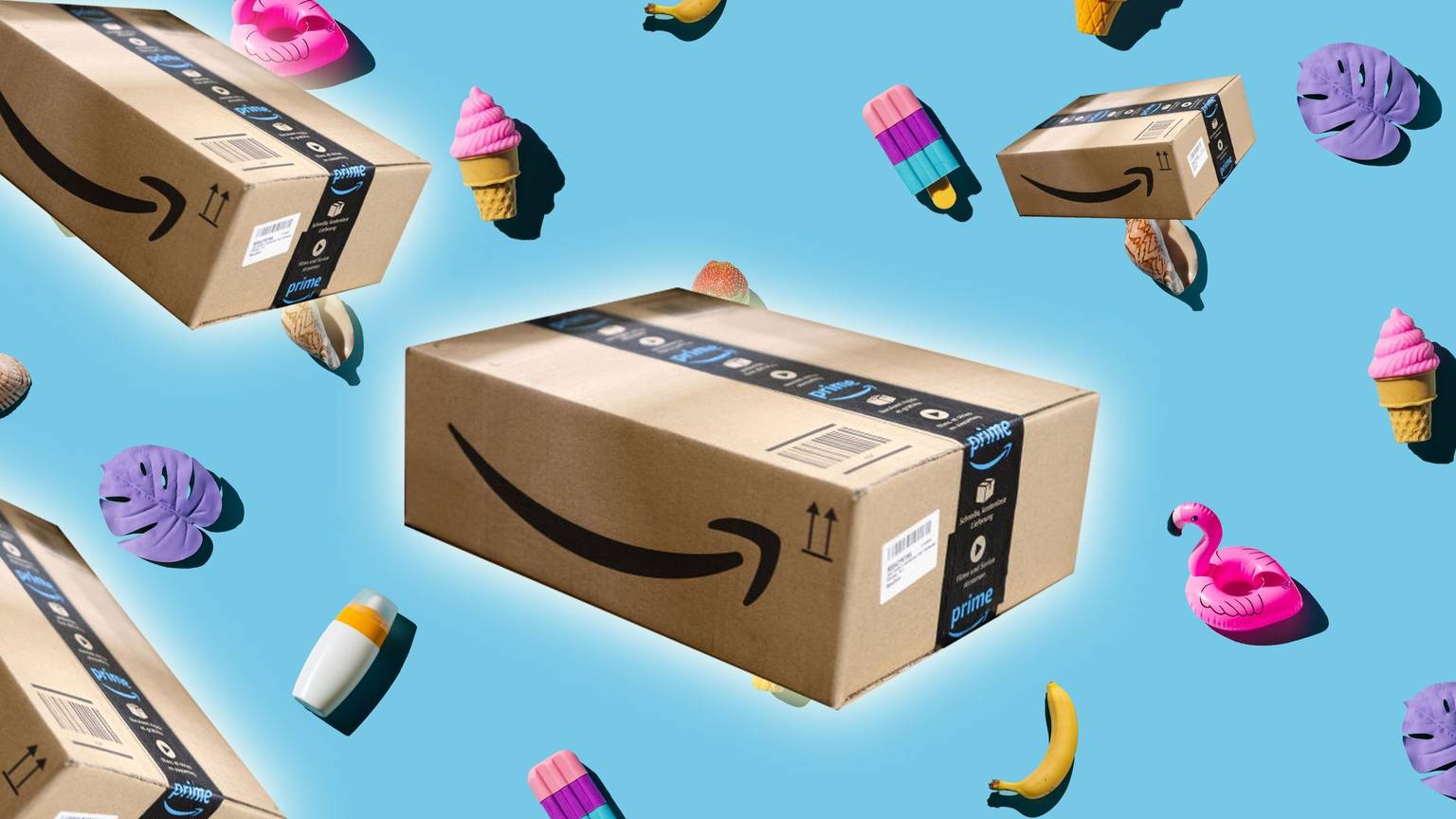 Auf dem Bild ist ein fancy Hintergrund mit Amazon Prime Paketen.