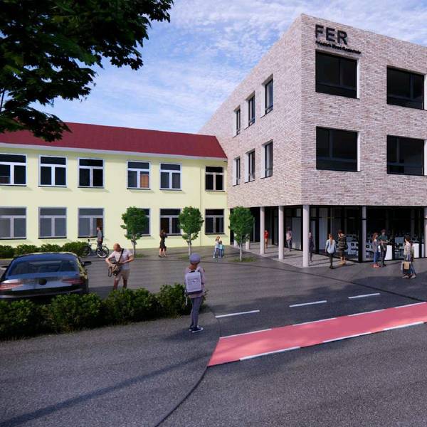 Eine Darstellung des neuen, dreigeschossigen Klinkerbaus für die Reaschule neben dem Altbau.