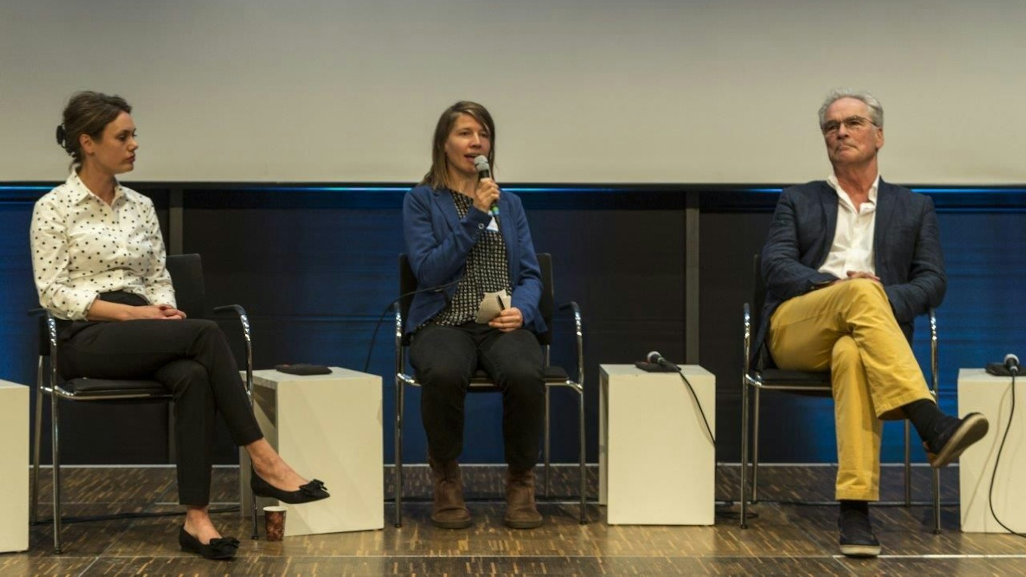 Anna Kalus, Johanna Tückmantel, Christian Flügel-Bleienheuft sitzen auf einer Bühne und sprechen über das Buddy-Projekt.