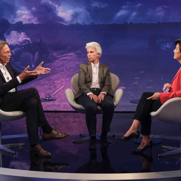 Harald Welzer (Sozialpsychologe und Autor) und Marie-Agnes Strack-Zimmermann (FDP, Vorsitzende des Verteidigungsausschusses im Bundestag) diskutieren mit Sandra Maischberger.