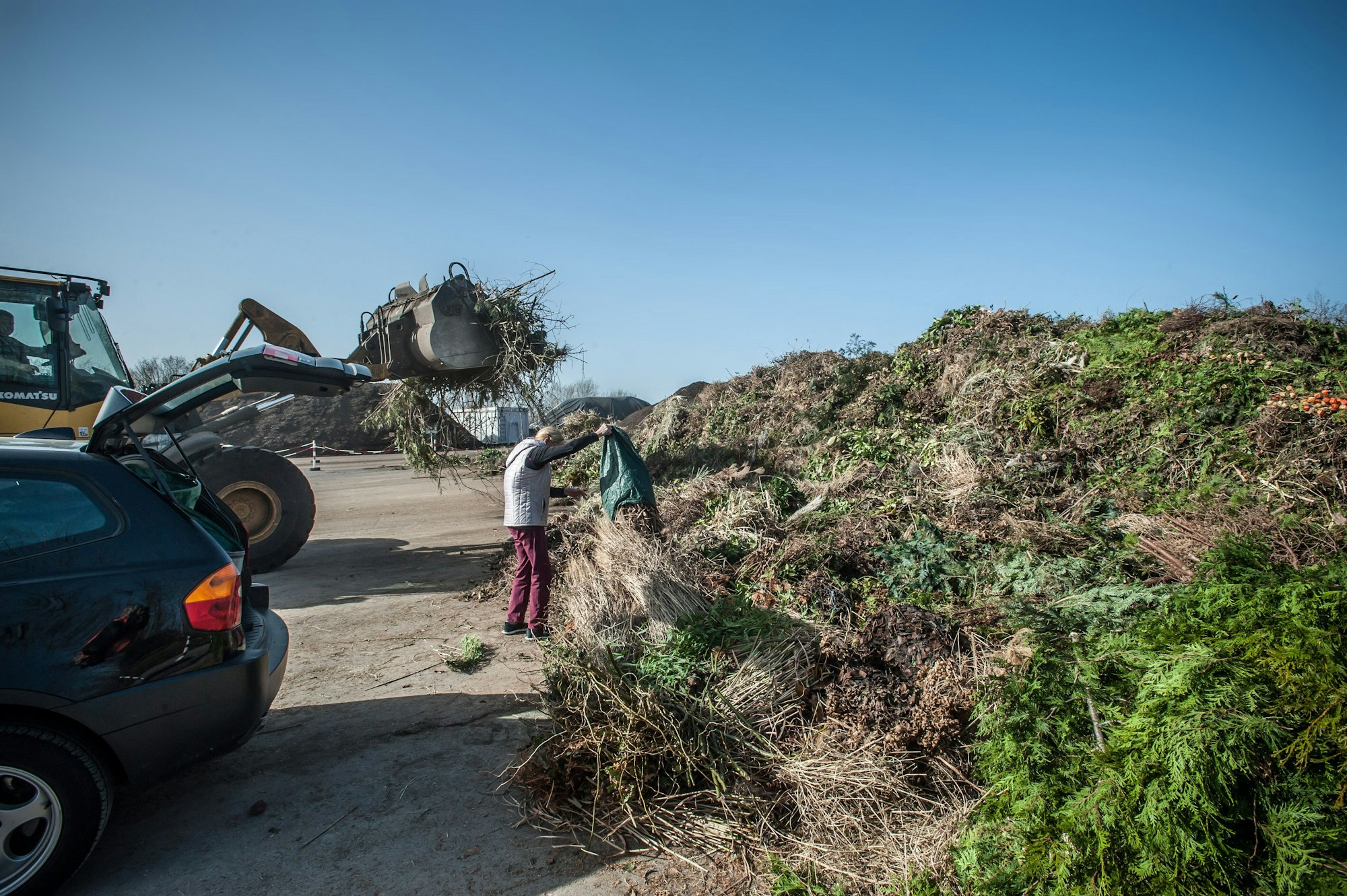 Ein Bagger und ein Mann entladen Grünschnitt auf einem Wertstoffhof.