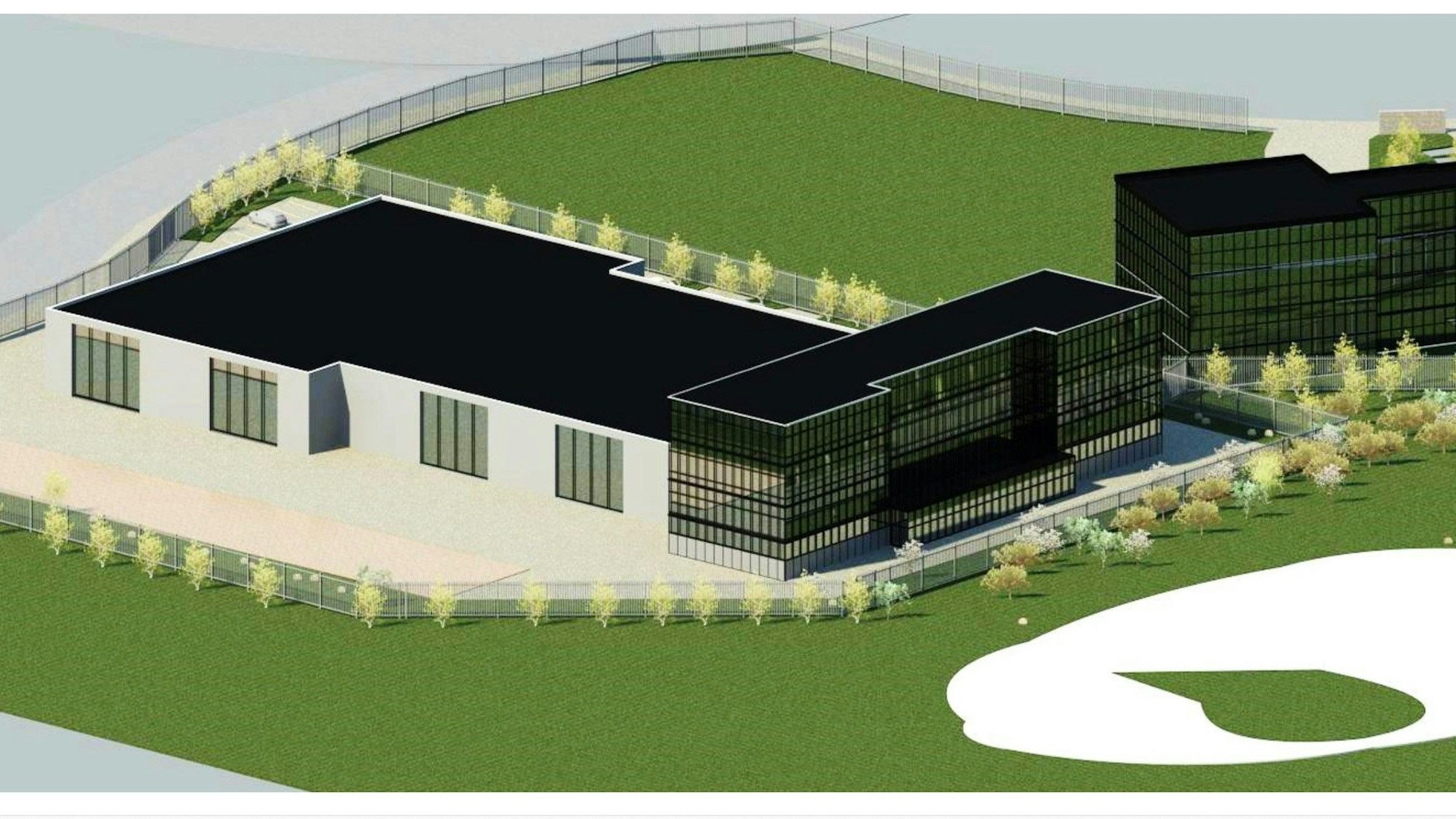 Computeranimation einer großen Produktionshalle mit Bürotrakt