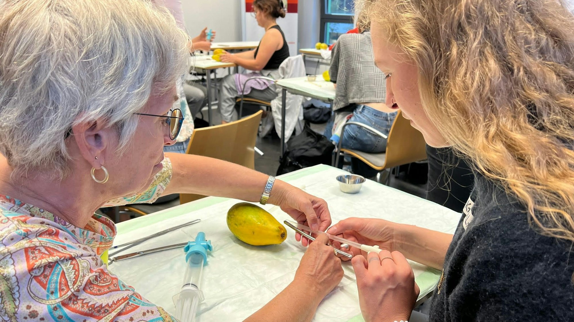 Gynäkologin Eva Waldschütz (links) demonstriert den Eingriff an einer Papaya.