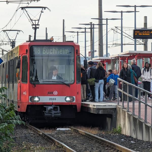 Eine Straßenbahn steht am bevölkerten Bahnsteig in Hermülheim.