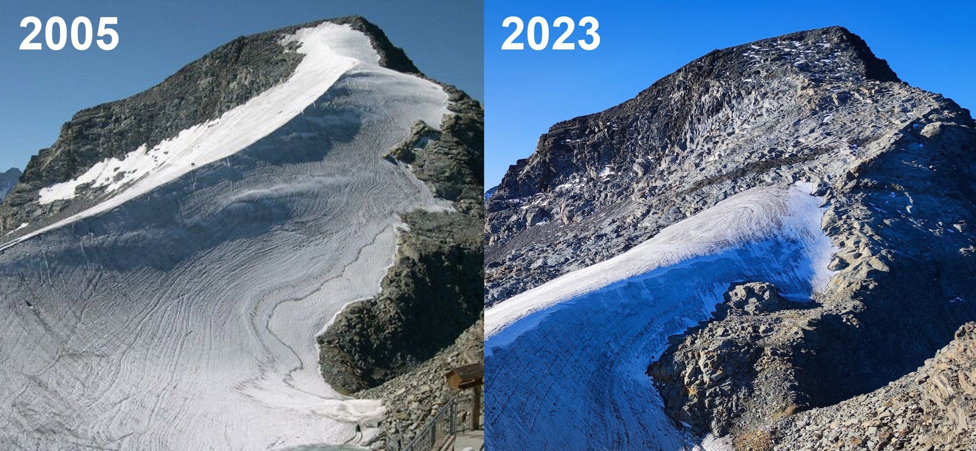 HANDOUT - 27.09.2023, Schweiz, ---: Das Verschwinden des ikonischen Eisgrats zum Piz Murtèl (GR), gesehen von der Bergstation des Piz Corvatsch, zeigt die Umgestaltung des Hochgebirges eindrücklich. (Bilderkombo mit unterschiedlichen Aufnahmedatum aus 2005 und 2023) (zu dpa: "Zweites Extremjahr für Schweizer Gletscher") Foto: M. Huss/SCNAT/dpa - ACHTUNG: Nur zur redaktionellen Verwendung im Zusammenhang mit der aktuellen Berichterstattung und nur mit vollständiger Nennung des vorstehenden Credits +++ dpa-Bildfunk +++