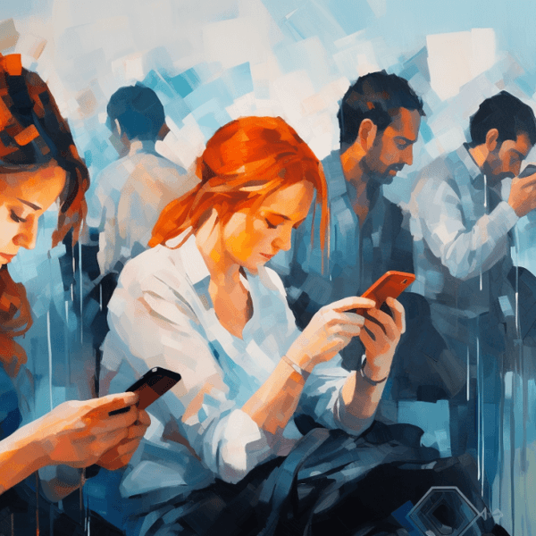 Illustration: Menschen starren mit gesenktem Kopf auf ihre Smartphones.