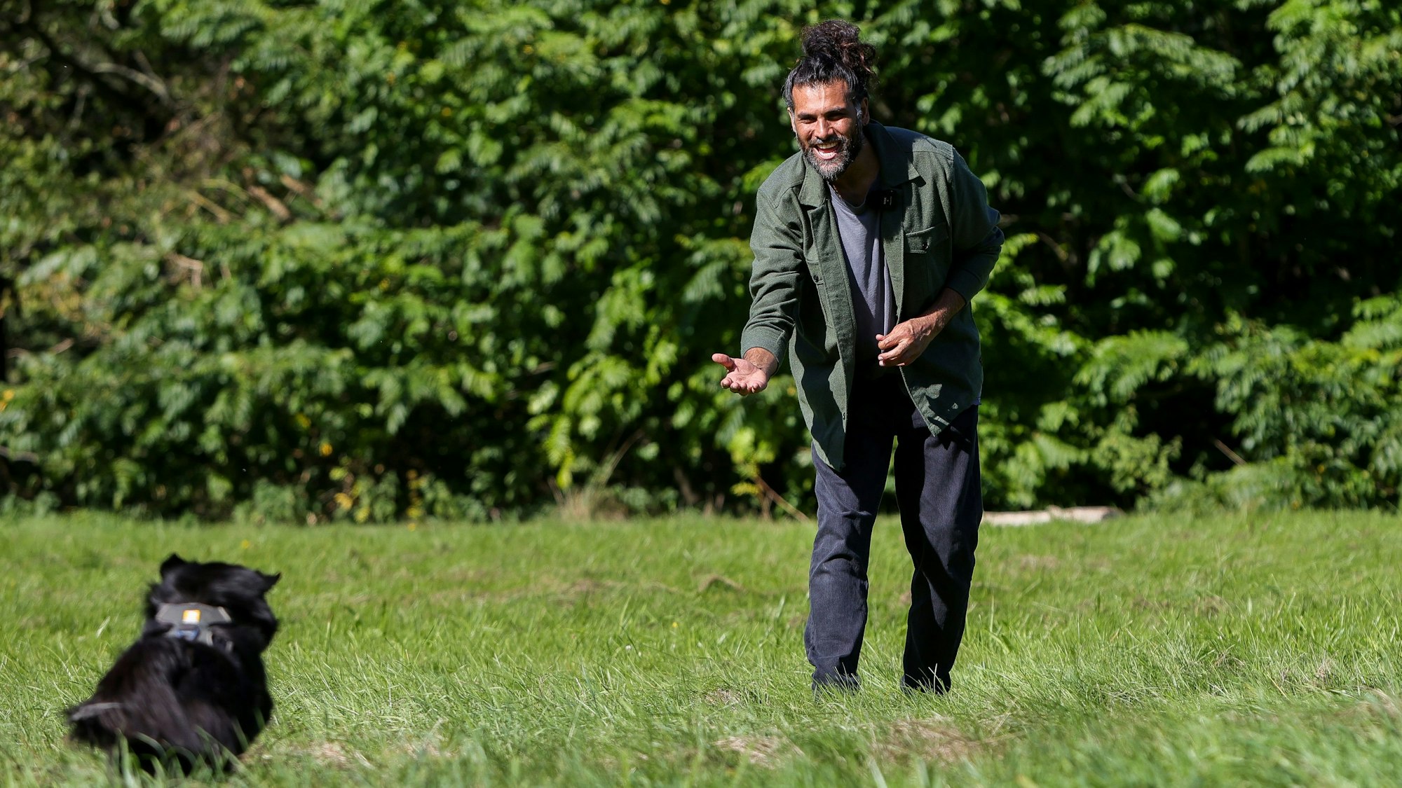 Hunde-Verhaltenstherapeut Masih Samin steht auf einer Wiese und ruft seine Hündin Thea zu sich.
