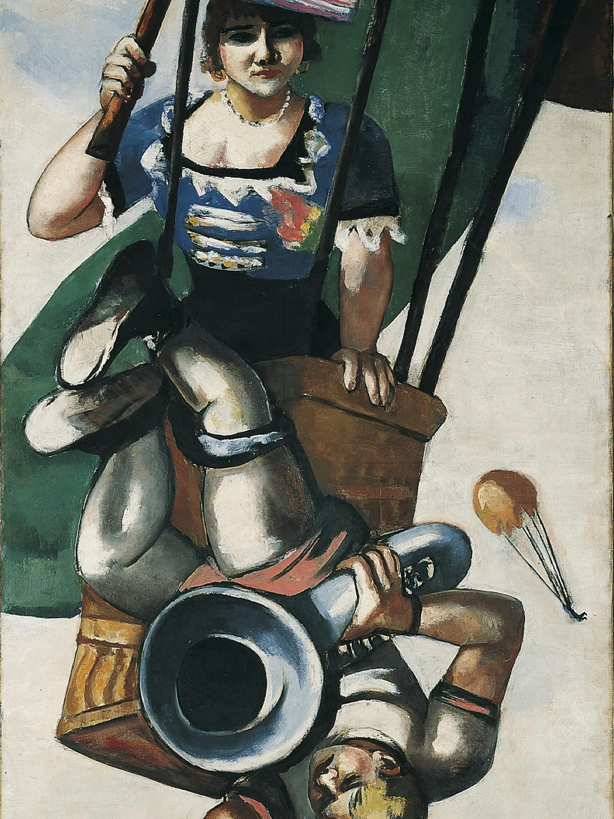 Ein Ballonfahrer stürzt aus dem Korb, eine Frau winkt dazu.