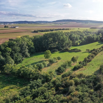 Eine Luftaufnahme zeigt das Rotbachtal, zu sehen sind Wiesen, Felder, Büsche und Bäume.