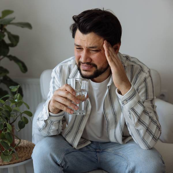 Ein Mann sitzt mit verzerrtem Gesicht im Wohnzimmer, hält mit der einen Hand seinen Kopf und in der anderen hand ein Glas.