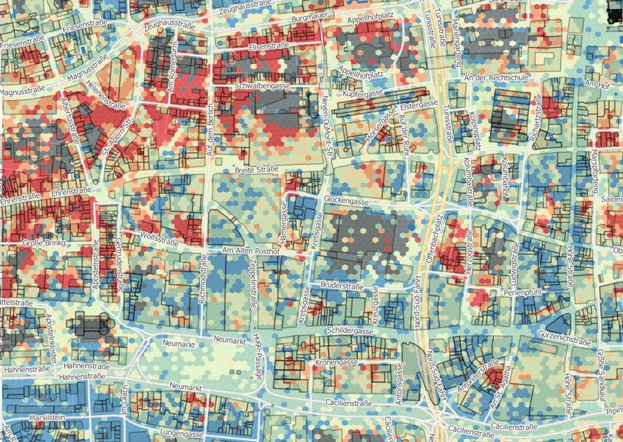 Die Karte zeigt die Einkaufsstraßen nach Kaufkraft der Besucher im Jahr 2019 in der City.