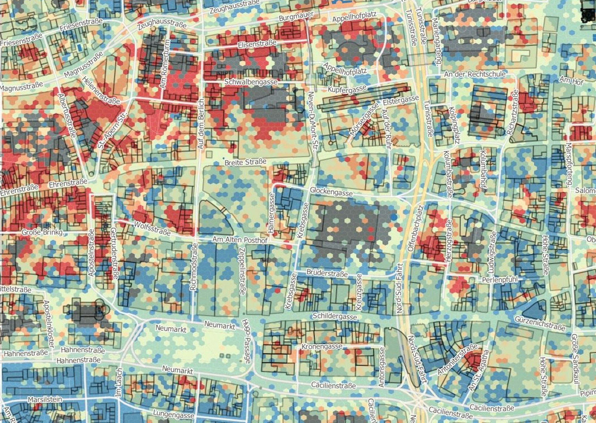 Die Karte zeigt die Einkaufsstraßen nach Kaufkraft der Besucher im Jahr 2019 in der City.