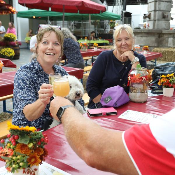 Eine Frau und ein Mann stoßen mit Saft- beziehungsweise Weingläsern an.
