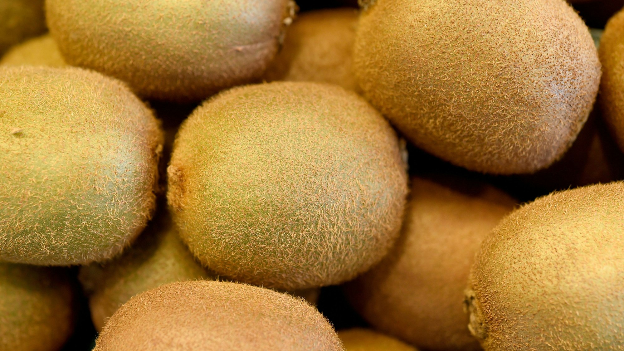 Kiwis (Actinidia chinensis) liegen auf dem Wochenmarkt in Langenhagen in der Auslage eines Marktstandes.