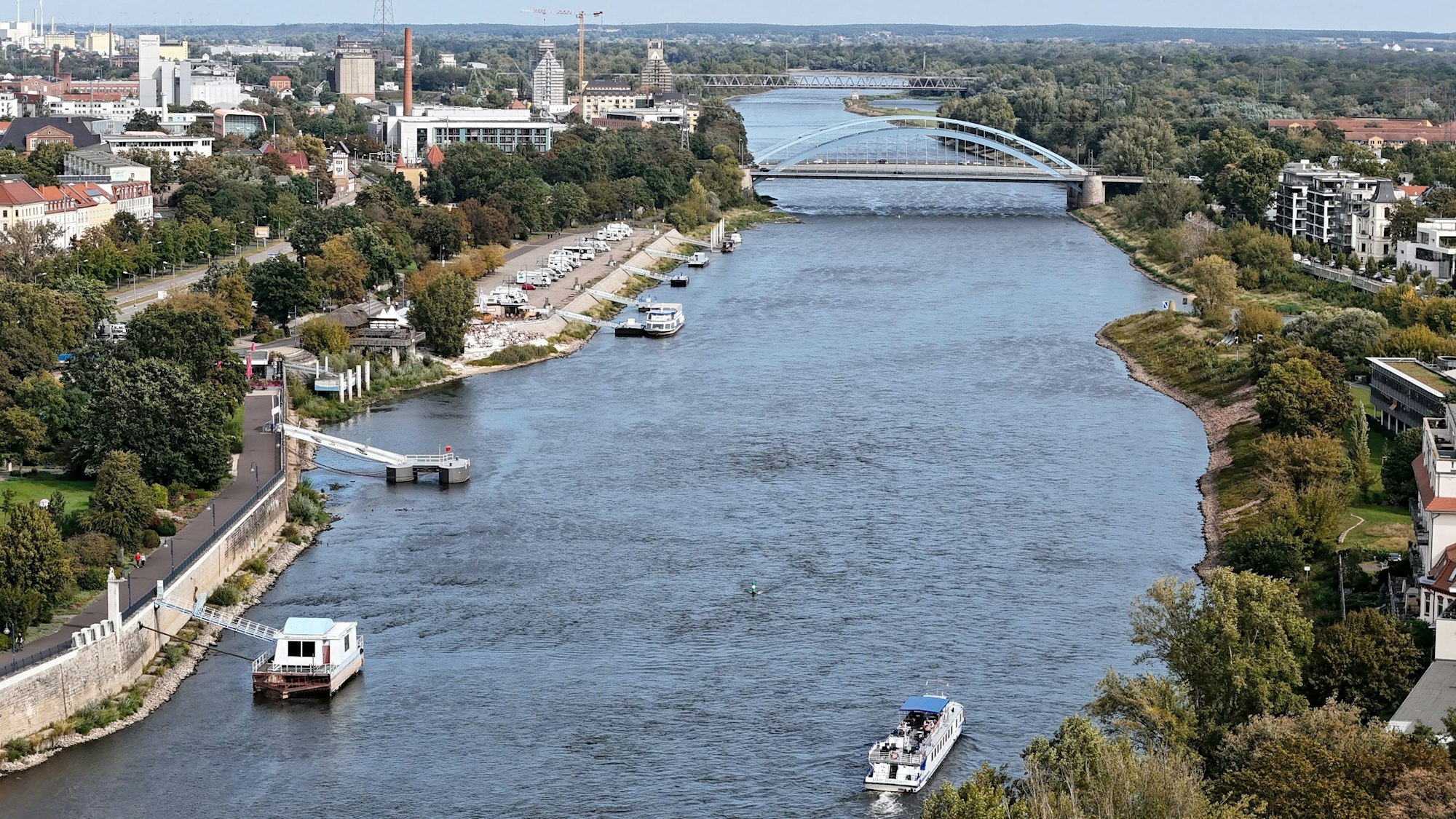 Magdeburg in Sachsen-Anhalt im September: Ein Fahrgastschiff der Weissen Flotte, fährt auf der Elbe stromabwärts auf der Stadtstrecke.