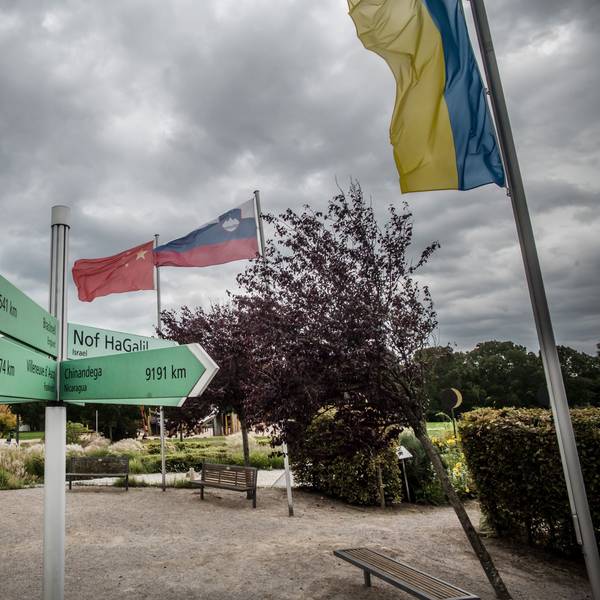 Im Neulandpark stehen Flaggenmaste in einem Kreis, daran sind Landesflaggen für die Partnerstädte gehisst. Foto: Ralf Krieger
