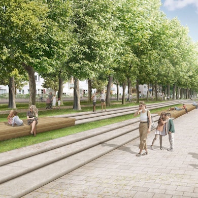 Visualisierung des Bonner Rheinufers mit einem breiten Fußgängerweg, Bäumen und Sitzmöglichkeiten.