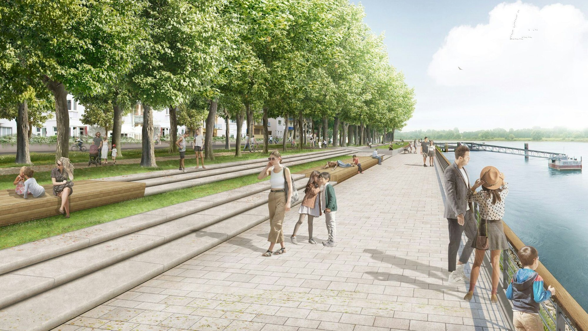 Visualisierung des Bonner Rheinufers mit einem breiten Fußgängerweg, Bäumen und Sitzmöglichkeiten.