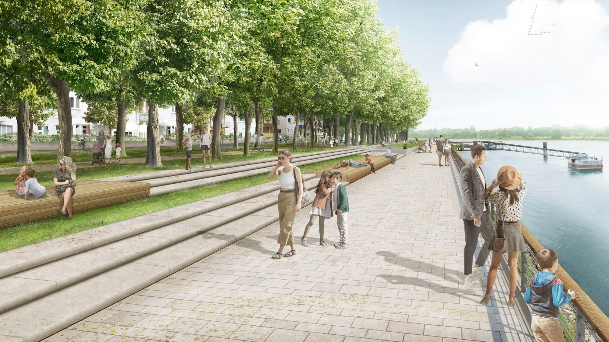 Auf einer Promenade am Rhein laufen Menschen entlang. Ein Grünstreifen mit einer Allee trennt das Ufer von der Häuserreihe.