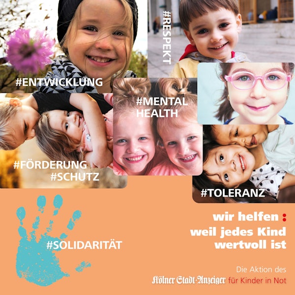 Der neue „wir helfen“-Flyer zeigt Kindergesichter und die Hash-Tags: Entwicklung, Respekt, Förderung, Mental Health