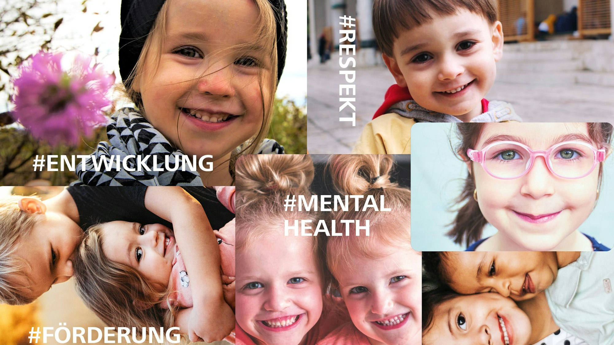 Der neue „wir helfen“-Flyer zeigt Kindergesichter und die Hash-Tags: Entwicklung, Respekt, Förderung, Mental Health