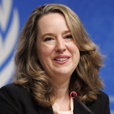 Amy Pope, neue Generaldirektorin der Internationalen Organisation für Migration (IOM), spricht während einer Pressekonferenz am europäischen Hauptsitz der Vereinten Nationen, anlässlich der Übernahme des Amtes als Generaldirektorin der IOM.