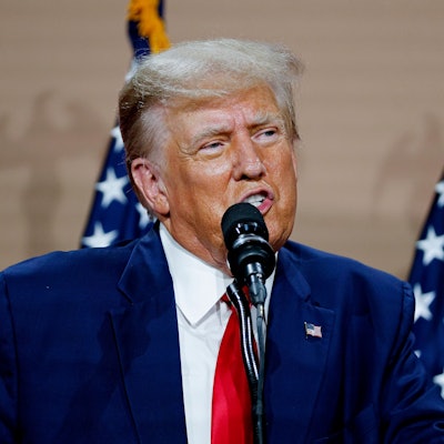 FILE - Former President Donald Trump speaks in Clinton Township, Mich., Wednesday, Sept. 27, 2023. Starting Monday, Oct. 2, Judge Arthur Engoron will preside over a non-jury trial in Manhattan to resolve remaining claims in New York Attorney General Letitia James’ lawsuit against former President Donald Trump, his company and top executives. (AP Photo/Mike Mulholland, File)