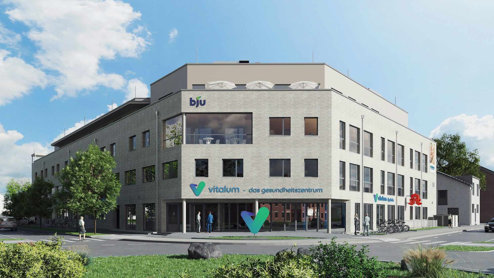 Eine Visualisierung zeigt ein graues, halbrundes Gebäude mit großen Fenstern und dem „Vitalum“-Schriftzug.